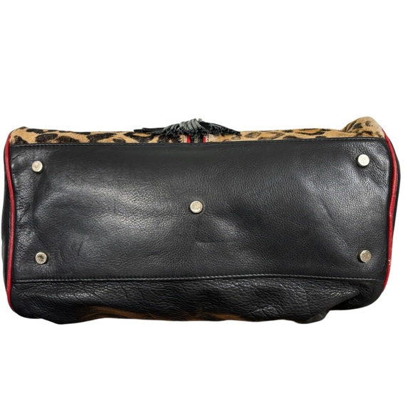 Aqua Madonna Leopard Calf Hair Large Leather Shoulder Bag Red Tassel Zip Satchel - Picture 10 of 15